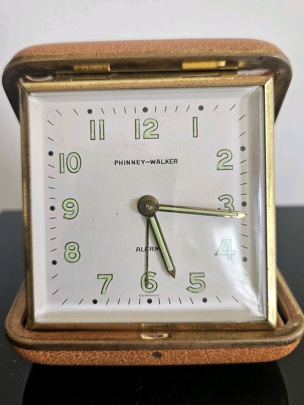 Vintage Phinney-Walker Germany Folding Travel Alarm Clock Brown Leather Case...